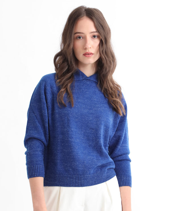 Rareism Women Polish Blue Acrylic Fabric Full Sleeves Knee Length Regular Fit Solid Shirt Collar Sweater