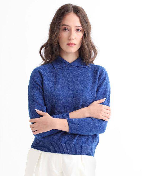 Rareism Women Polish Blue Acrylic Fabric Full Sleeves Knee Length Regular Fit Solid Shirt Collar Sweater