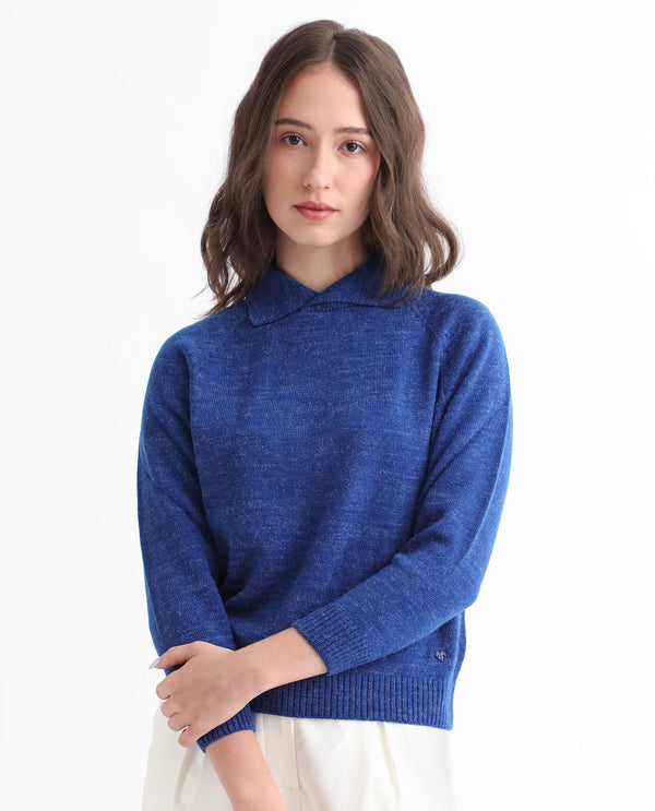 Rareism Women Polish Blue Acrylic Fabric Full Sleeves Knee Length Regular Fit Solid Shirt Collar Sweater