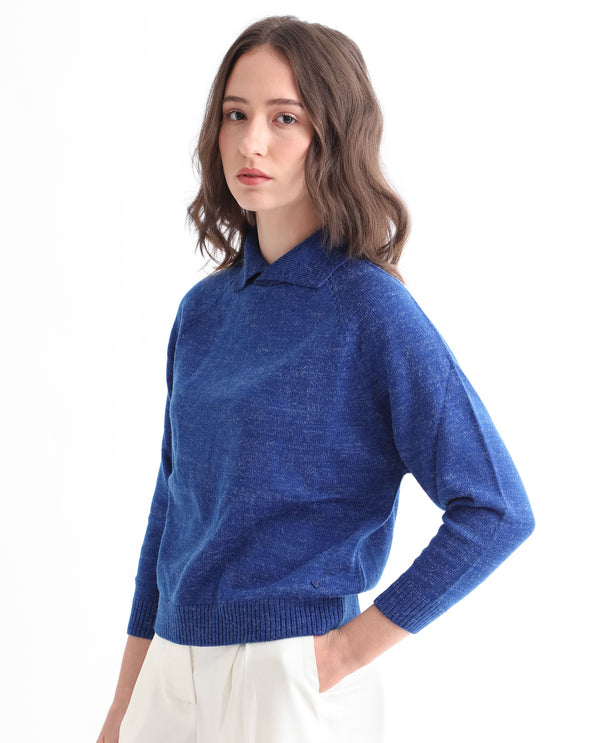 Rareism Women Polish Blue Acrylic Fabric Full Sleeves Knee Length Regular Fit Solid Shirt Collar Sweater