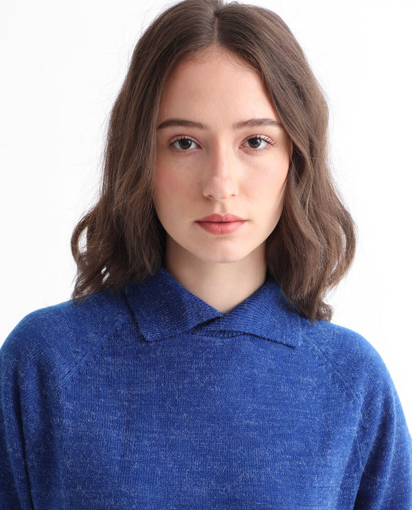 Rareism Women Polish Blue Acrylic Fabric Full Sleeves Knee Length Regular Fit Solid Shirt Collar Sweater