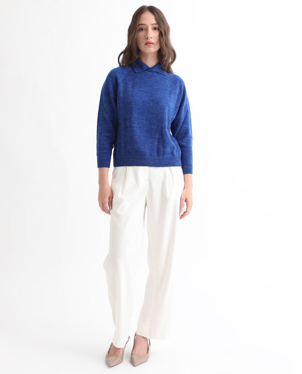 Rareism Women Polish Blue Acrylic Fabric Full Sleeves Knee Length Regular Fit Solid Shirt Collar Sweater