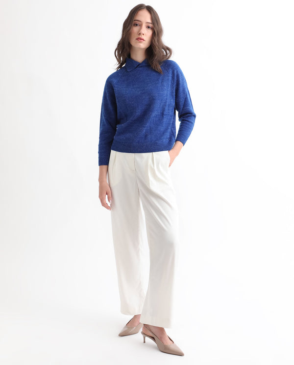 Rareism Women Polish Blue Acrylic Fabric Full Sleeves Knee Length Regular Fit Solid Shirt Collar Sweater
