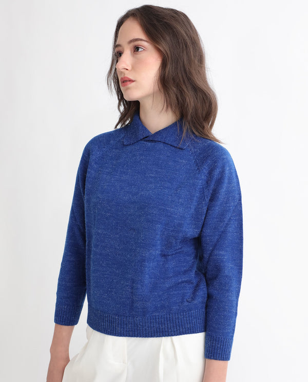 Rareism Women Polish Blue Acrylic Fabric Full Sleeves Knee Length Regular Fit Solid Shirt Collar Sweater