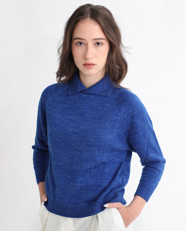 Rareism Women Polish Blue Acrylic Fabric Full Sleeves Knee Length Regular Fit Solid Shirt Collar Sweater
