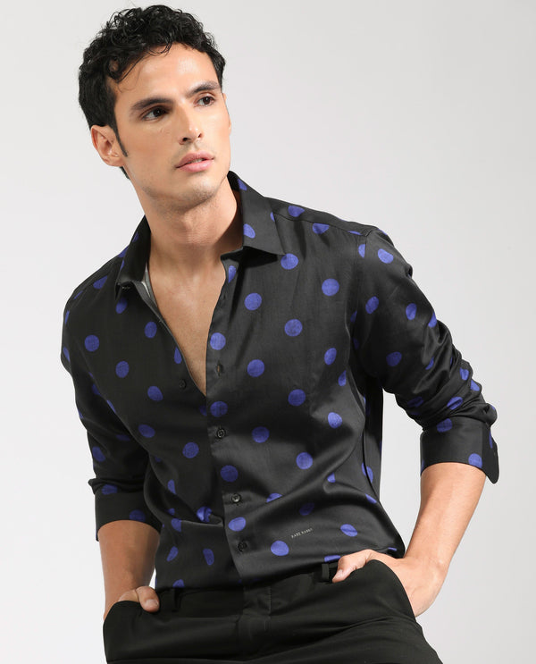 Rare Rabbit Men's Polko Black Modal Cotton Fabric Polka Dot Print Full Sleeves  Shirt
