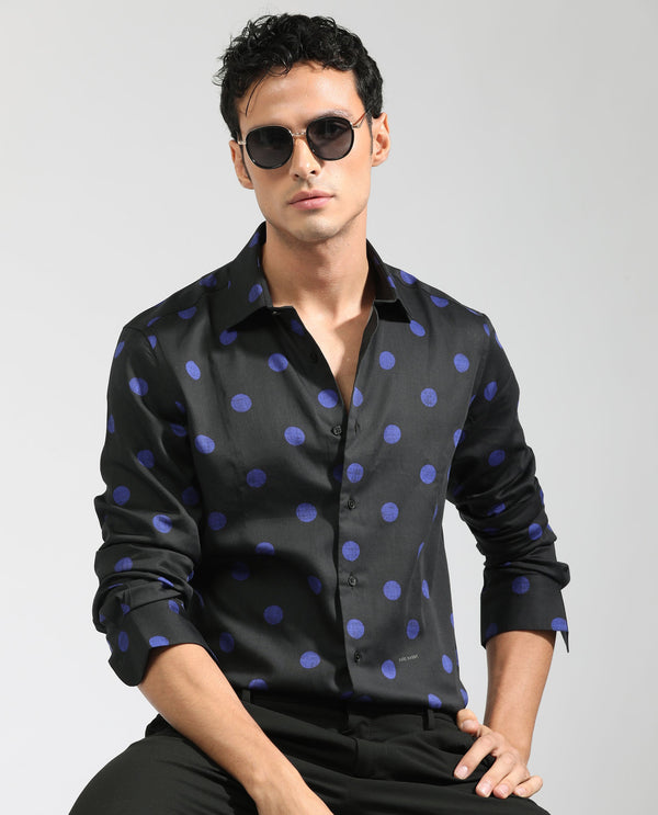 Rare Rabbit Men's Polko Black Modal Cotton Fabric Polka Dot Print Full Sleeves  Shirt