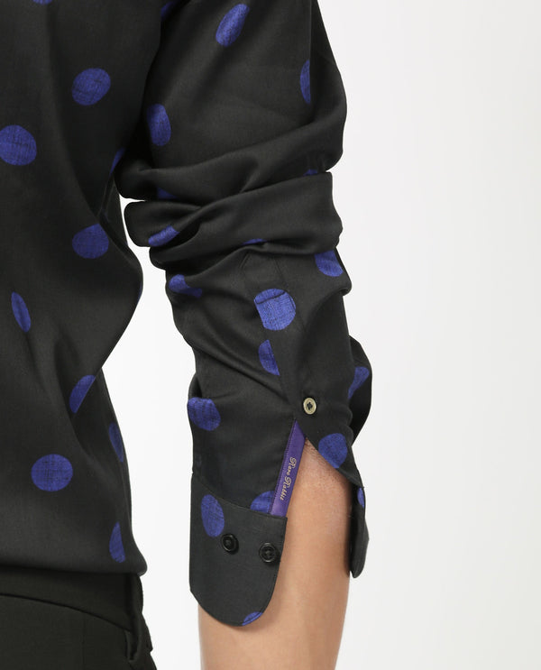 Rare Rabbit Men's Polko Black Modal Cotton Fabric Polka Dot Print Full Sleeves  Shirt
