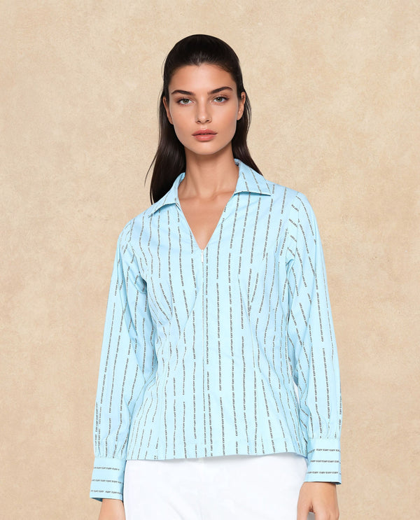 Rareism Women Pomo Light Blue Cotton Fabric Cuffed Sleeve Jonny Collar Zipper Closure Typography Top