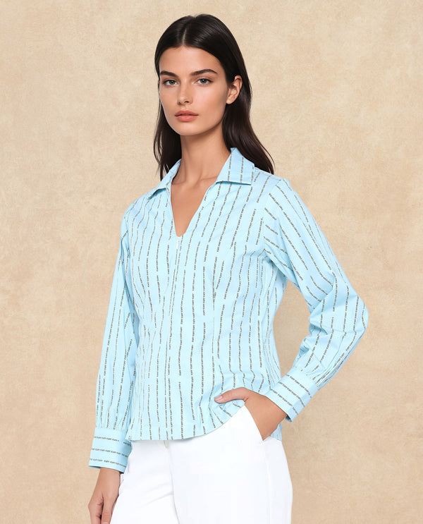 Rareism Women Pomo Light Blue Cotton Fabric Cuffed Sleeve Jonny Collar Zipper Closure Typography Top