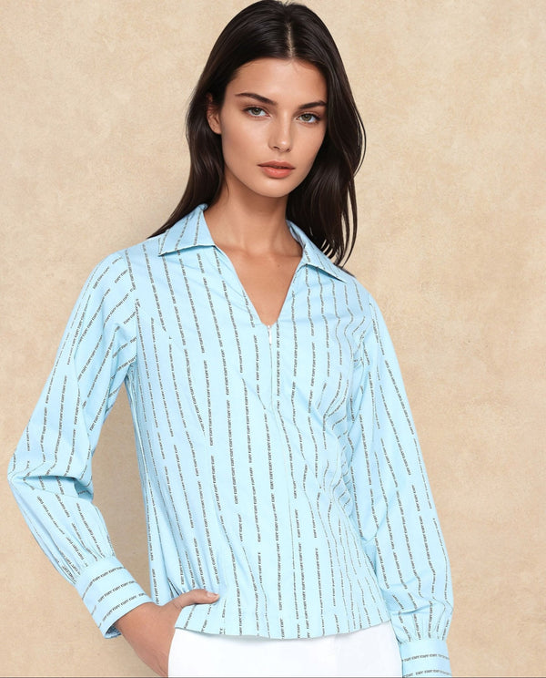 Rareism Women Pomo Light Blue Cotton Fabric Cuffed Sleeve Jonny Collar Zipper Closure Typography Top