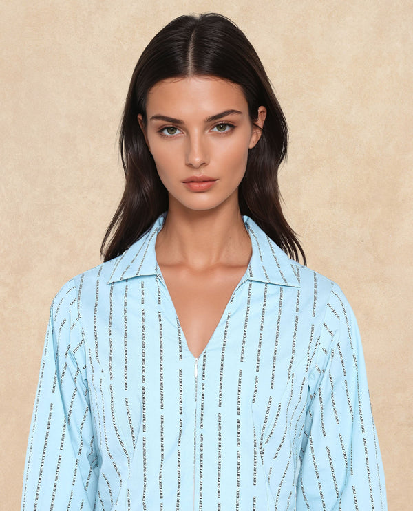 Rareism Women Pomo Light Blue Cotton Fabric Cuffed Sleeve Jonny Collar Zipper Closure Typography Top