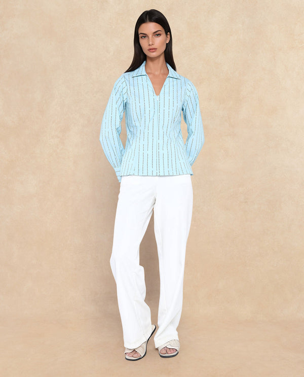 Rareism Women Pomo Light Blue Cotton Fabric Cuffed Sleeve Jonny Collar Zipper Closure Typography Top