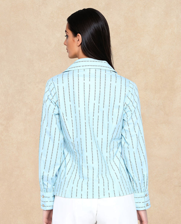 Rareism Women Pomo Light Blue Cotton Fabric Cuffed Sleeve Jonny Collar Zipper Closure Typography Top