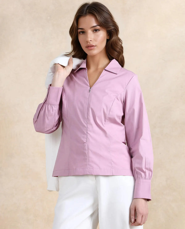 Rareism Women Pomogra Light Pink Cotton Fabric Cuffed Sleeve Jonny Collar Zipper Closure Plain Top