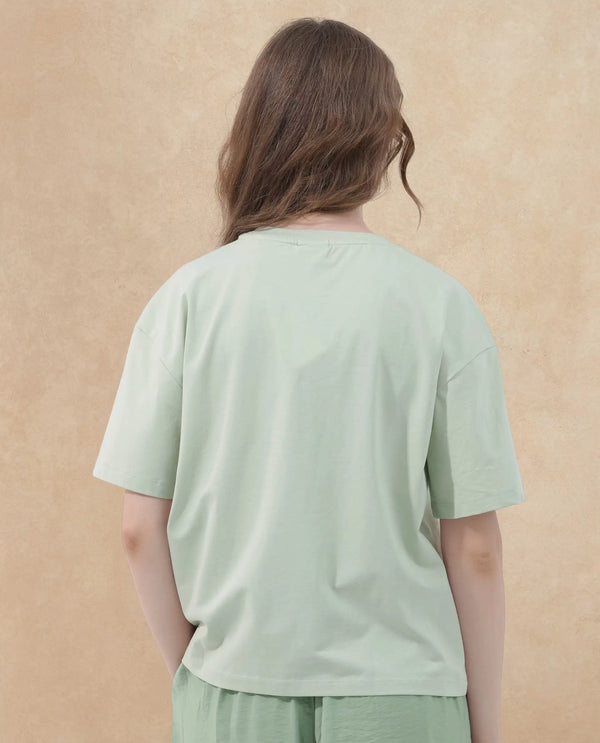 Rareism Women Poppy Pastel Green Cotton Elastane Fabric Crew Neck Knit Solid T-Shirt
