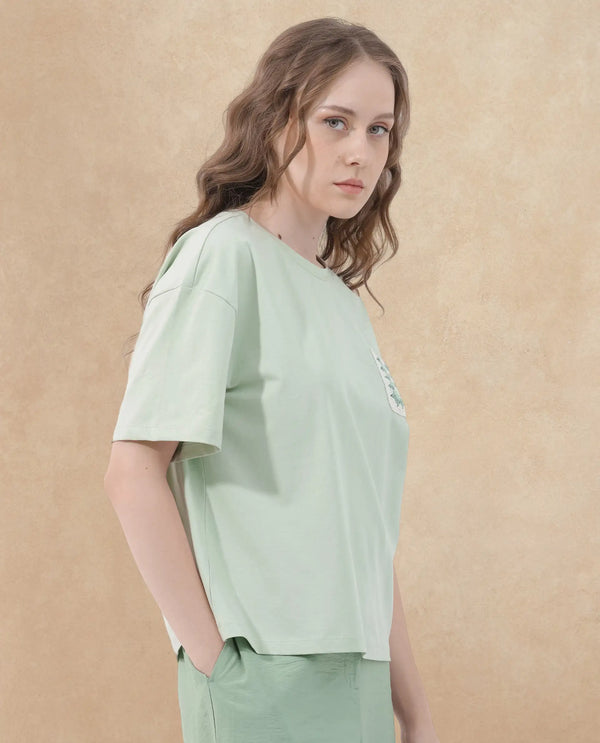 Rareism Women Poppy Pastel Green Cotton Elastane Fabric Crew Neck Knit Solid T-Shirt