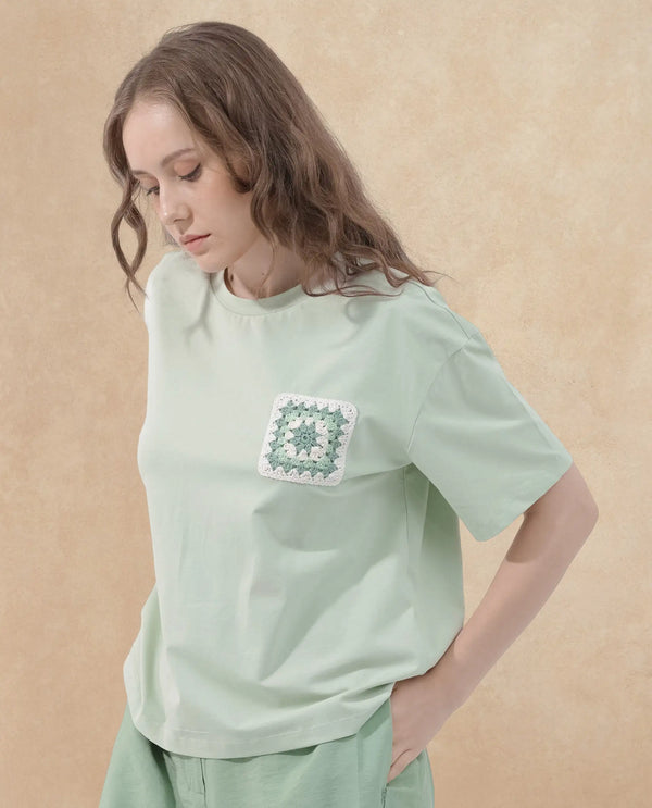 Rareism Women Poppy Pastel Green Cotton Elastane Fabric Crew Neck Knit Solid T-Shirt