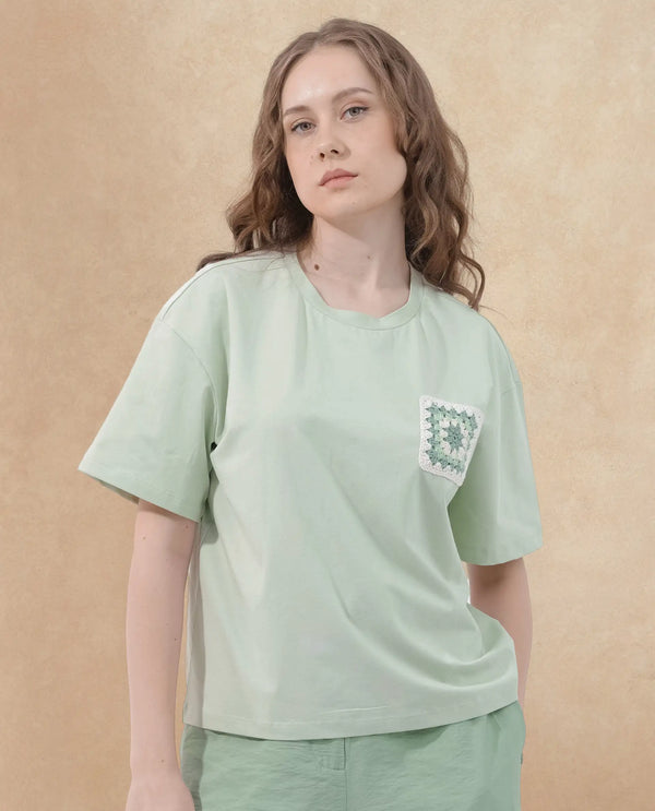 Rareism Women Poppy Pastel Green Cotton Elastane Fabric Crew Neck Knit Solid T-Shirt
