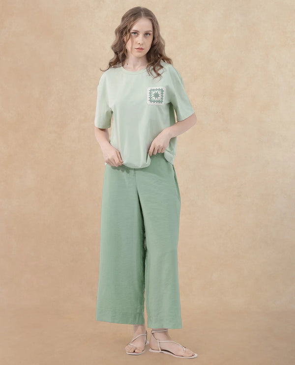 Rareism Women Poppy Pastel Green Cotton Elastane Fabric Crew Neck Knit Solid T-Shirt