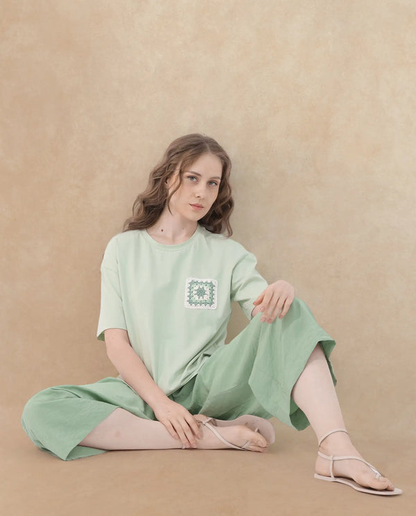 Rareism Women Poppy Pastel Green Cotton Elastane Fabric Crew Neck Knit Solid T-Shirt
