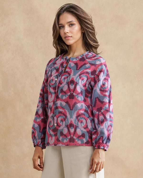 Rareism Women Portia Multi Linen Fabric Raglan Sleeves Tie Up Neck Tie Up Closure Abstract Print Top