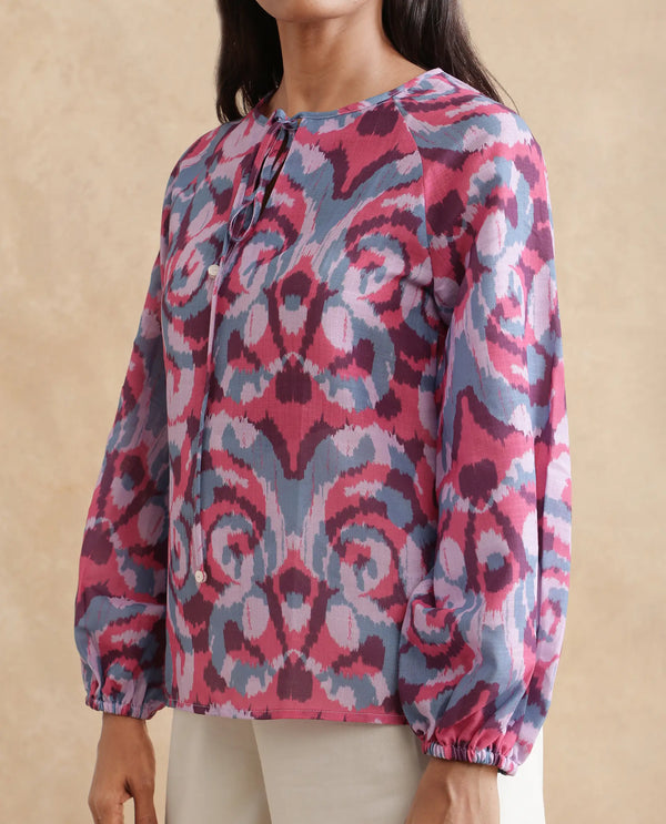 Rareism Women Portia Multi Linen Fabric Raglan Sleeves Tie Up Neck Tie Up Closure Abstract Print Top