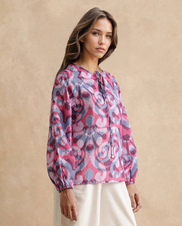 Rareism Women Portia Multi Linen Fabric Raglan Sleeves Tie Up Neck Tie Up Closure Abstract Print Top