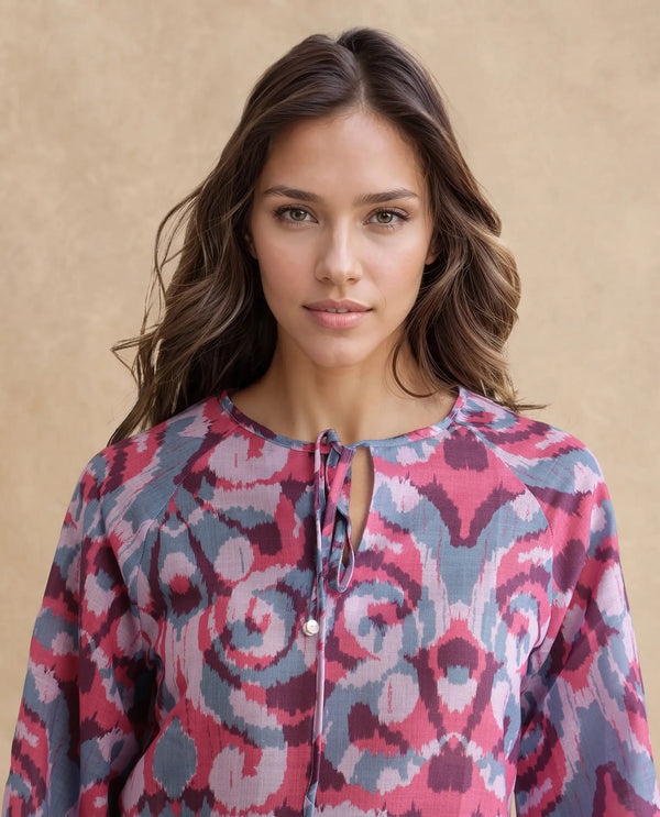 Rareism Women Portia Multi Linen Fabric Raglan Sleeves Tie Up Neck Tie Up Closure Abstract Print Top