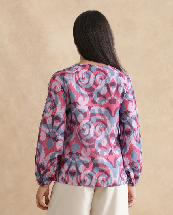 Rareism Women Portia Multi Linen Fabric Raglan Sleeves Tie Up Neck Tie Up Closure Abstract Print Top