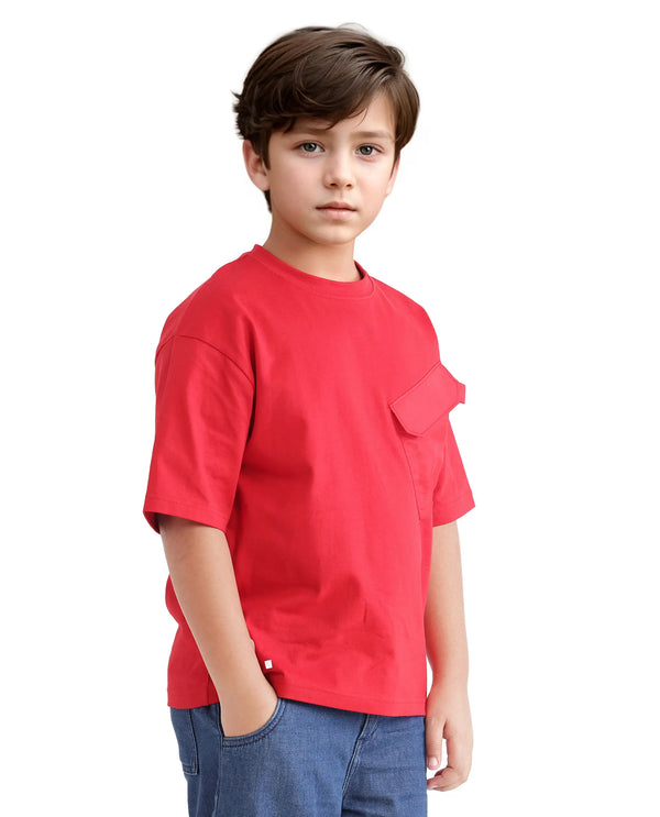 Rare Ones Kids Portz Light Red Cotton Short Sleeve Crew Neck Boxy Fit Printed T-Shirt