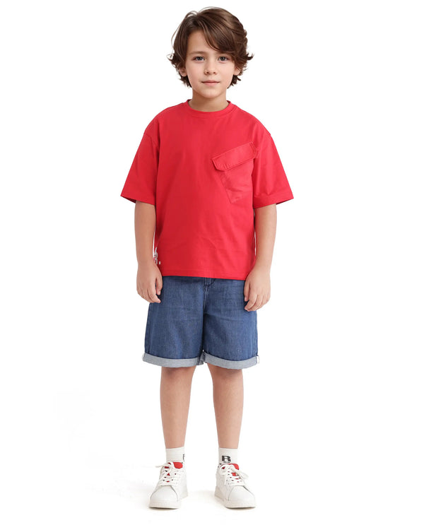 Rare Ones Kids Portz Light Red Cotton Short Sleeve Crew Neck Boxy Fit Printed T-Shirt