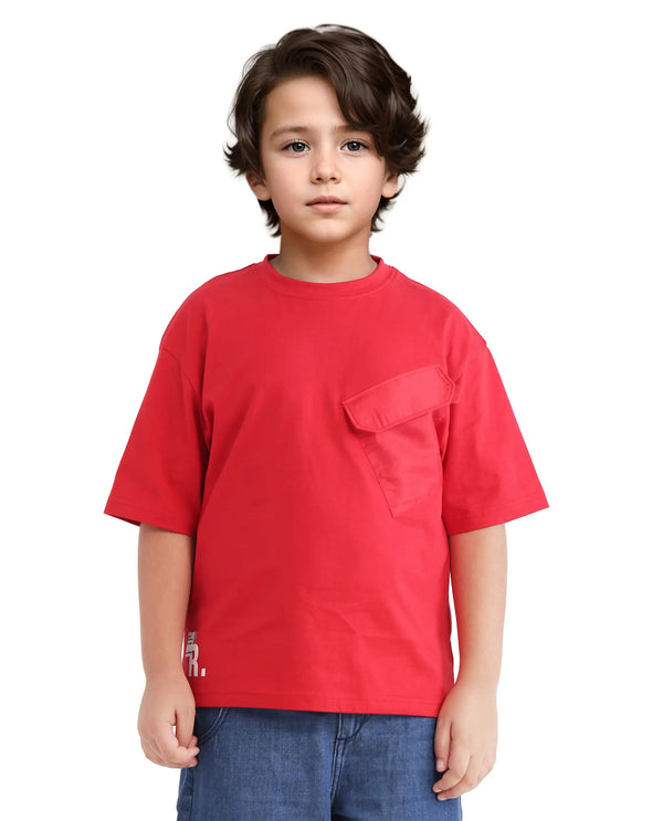 Rare Ones Kids Portz Light Red Cotton Short Sleeve Crew Neck Boxy Fit Printed T-Shirt