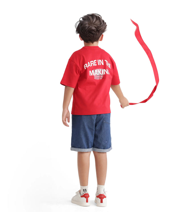 Rare Ones Kids Portz Light Red Cotton Short Sleeve Crew Neck Boxy Fit Printed T-Shirt