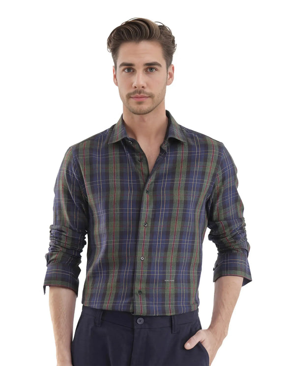 Rare Rabbit Men's Pospe Dark Green Cotton Fabric Full Sleeve Regular Fit Checks Shirt