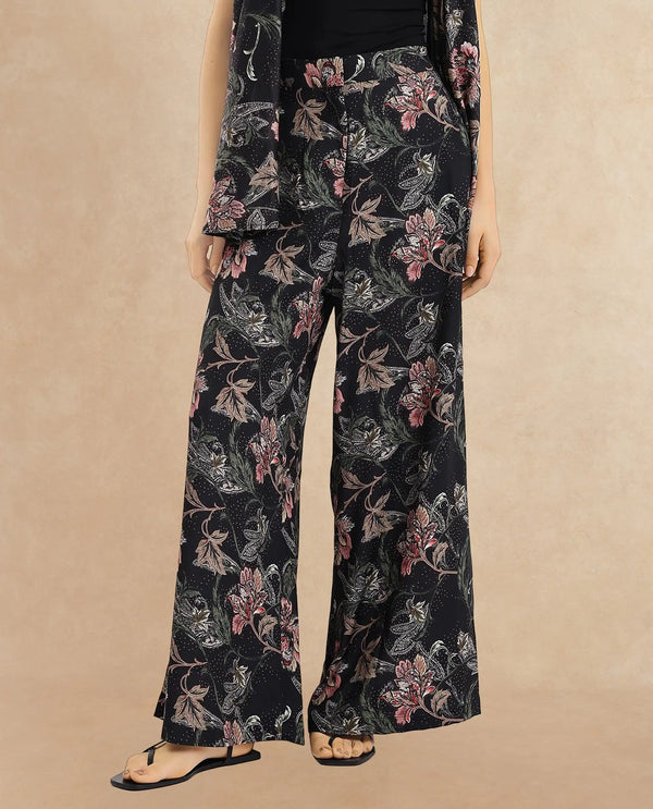 Rareism Women Posria Multi Zip Flared Ankle Length Tropical Print Trouser