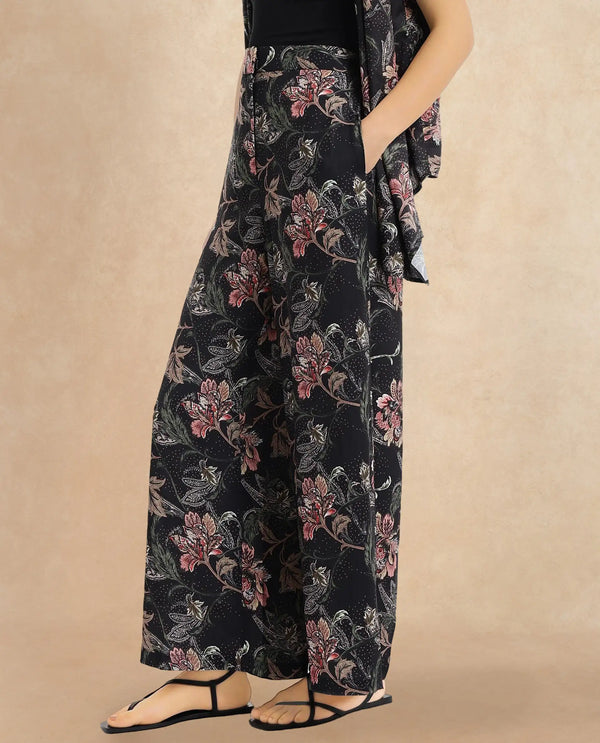 Rareism Women Posria Multi Zip Flared Ankle Length Tropical Print Trouser