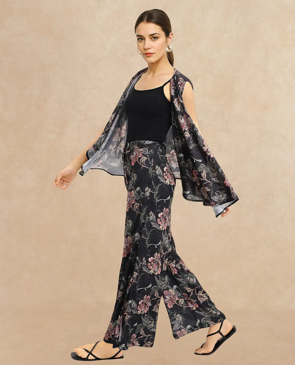 Rareism Women Posria Multi Zip Flared Ankle Length Tropical Print Trouser
