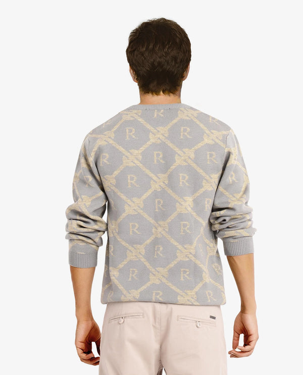 Rare Rabbit Men's Post Dusky Grey Acrylic Fabric Full Sleeve Crew Neck Regular Fit Monogram Jacquard Sweater