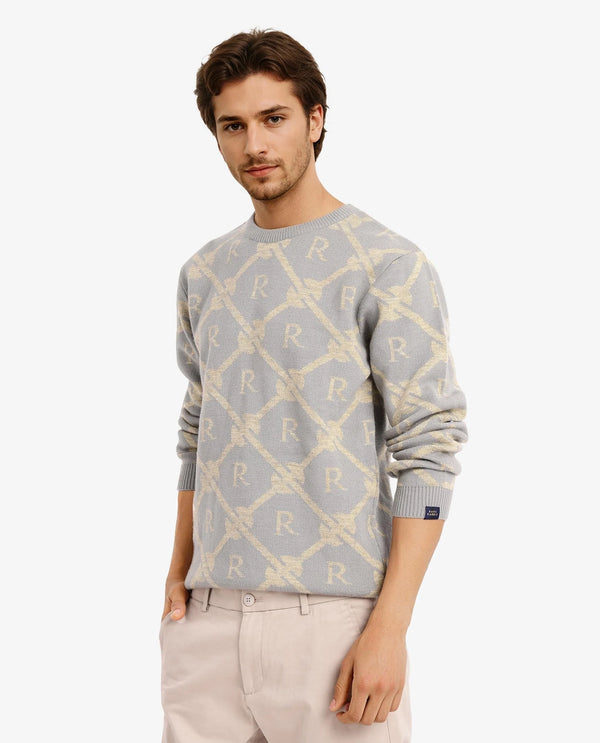 Rare Rabbit Men's Post Dusky Grey Acrylic Fabric Full Sleeve Crew Neck Regular Fit Monogram Jacquard Sweater