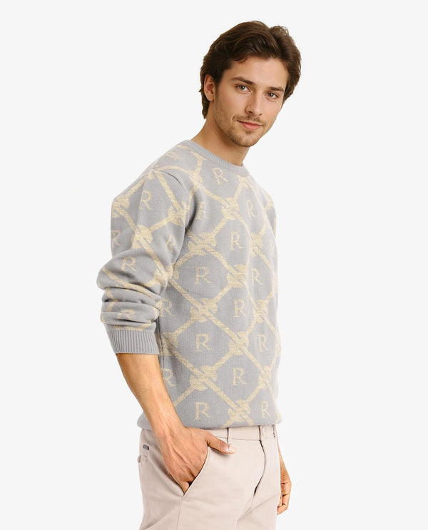 Rare Rabbit Men's Post Dusky Grey Acrylic Fabric Full Sleeve Crew Neck Regular Fit Monogram Jacquard Sweater