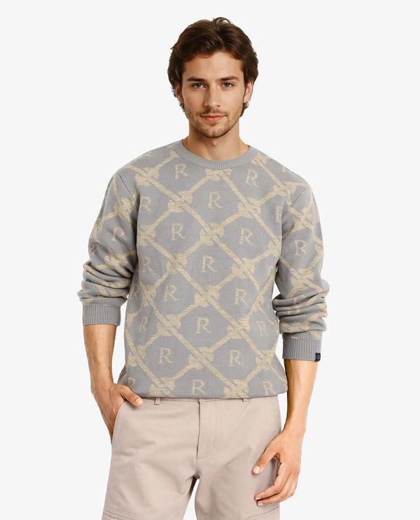 Rare Rabbit Men's Post Dusky Grey Acrylic Fabric Full Sleeve Crew Neck Regular Fit Monogram Jacquard Sweater