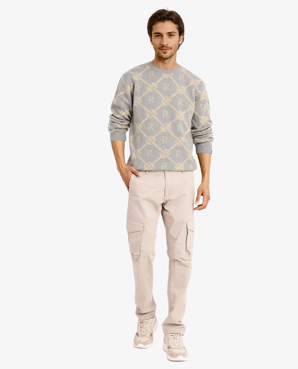 Rare Rabbit Men's Post Dusky Grey Acrylic Fabric Full Sleeve Crew Neck Regular Fit Monogram Jacquard Sweater