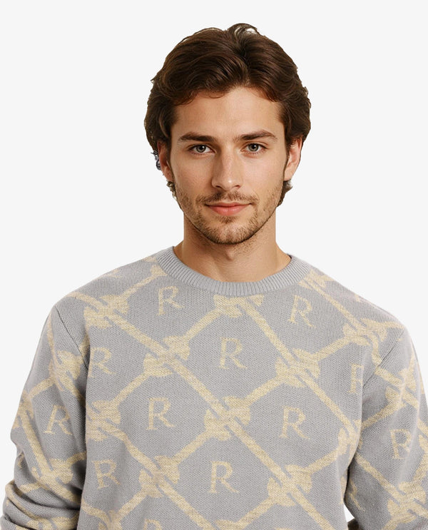 Rare Rabbit Men's Post Dusky Grey Acrylic Fabric Full Sleeve Crew Neck Regular Fit Monogram Jacquard Sweater