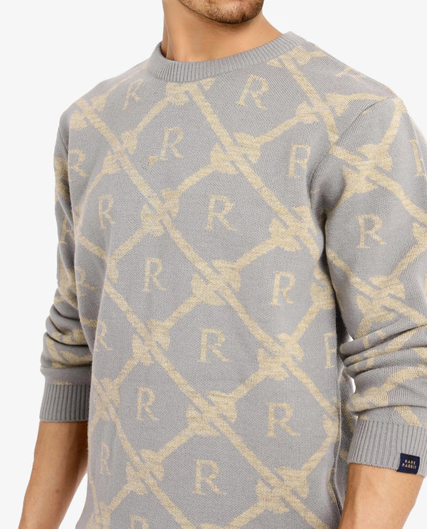 Rare Rabbit Men's Post Dusky Grey Acrylic Fabric Full Sleeve Crew Neck Regular Fit Monogram Jacquard Sweater