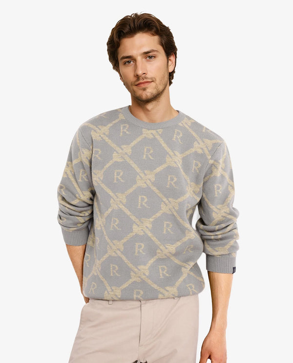 Rare Rabbit Men's Post Dusky Grey Acrylic Fabric Full Sleeve Crew Neck Regular Fit Monogram Jacquard Sweater