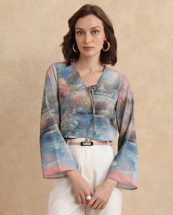 Rareism Women Toulon Multi Satin Bell Sleeves V-Neck Cropped Abstract Print Top