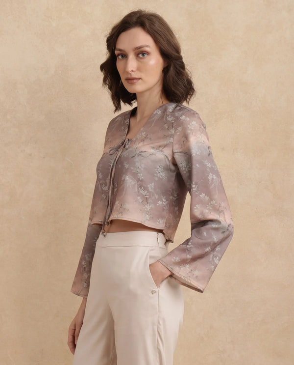 Rareism Women Poulop Dusky Multi Satin Bell Sleeves V-Neck Cropped Floral Print Top