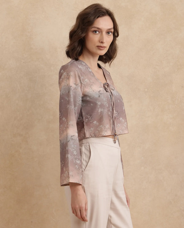 Rareism Women Poulop Dusky Multi Satin Bell Sleeves V-Neck Cropped Floral Print Top
