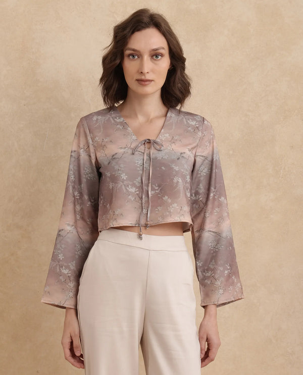 Rareism Women Poulop Dusky Multi Satin Bell Sleeves V-Neck Cropped Floral Print Top